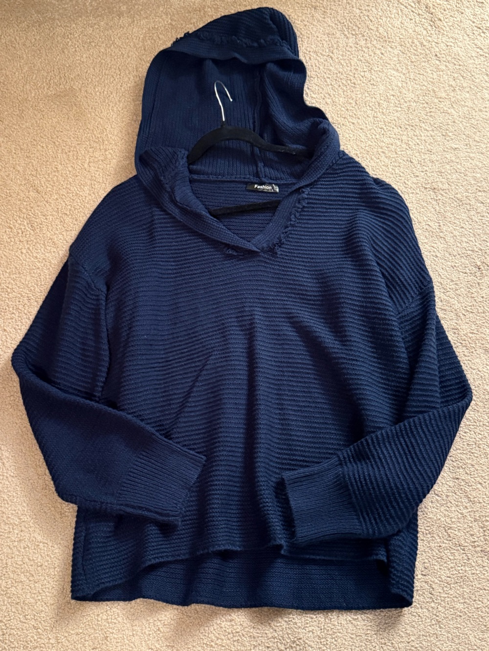 Navy Ribbed Knit Hooded Sweater Pullover Women’s Size Large